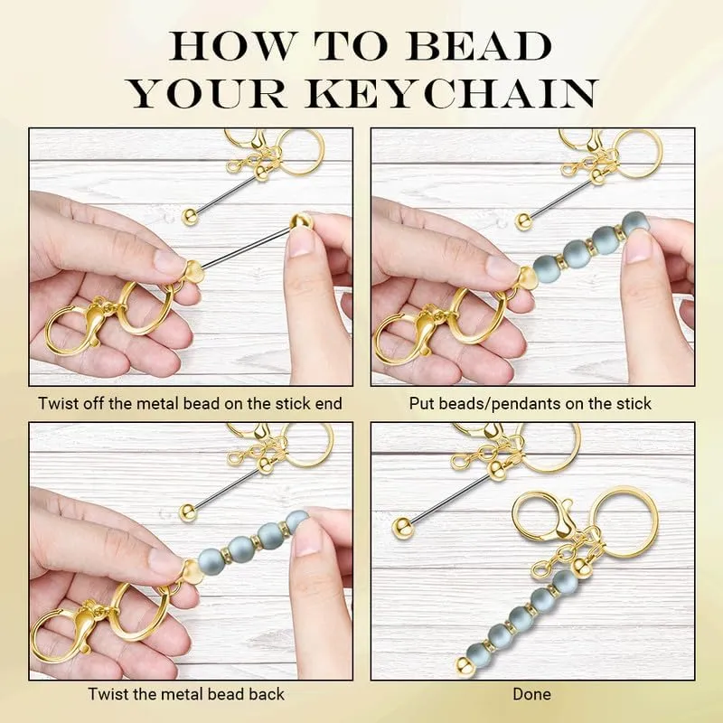 12Pcs Metal Beaded Keychains for Beads Beadable Keychain Bars Blanks Bead Keychain Bar for DIY Crafts Gift