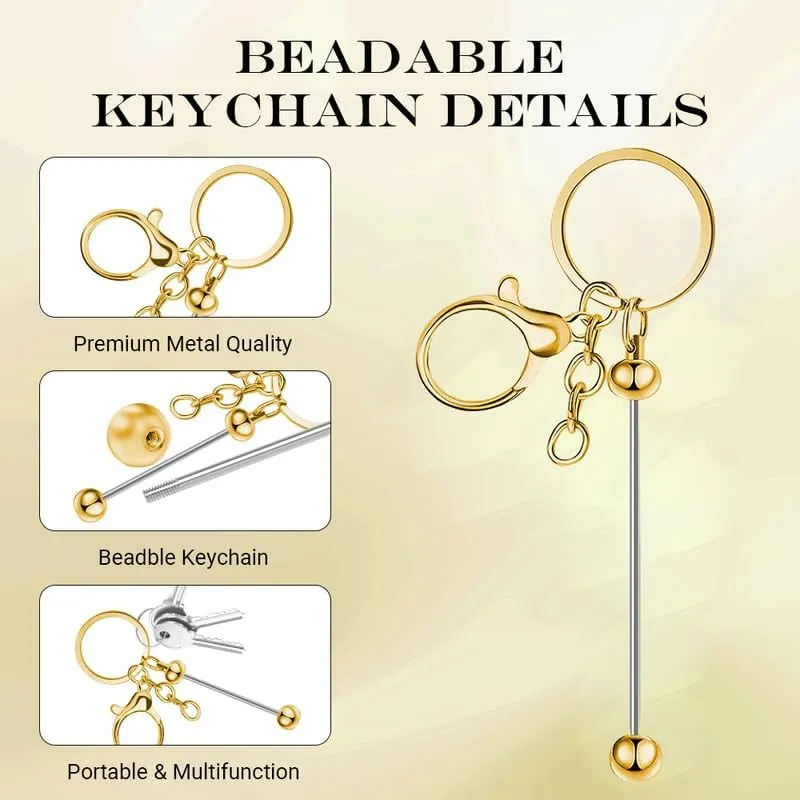 12Pcs Metal Beaded Keychains for Beads Beadable Keychain Bars Blanks Bead Keychain Bar for DIY Crafts Gift
