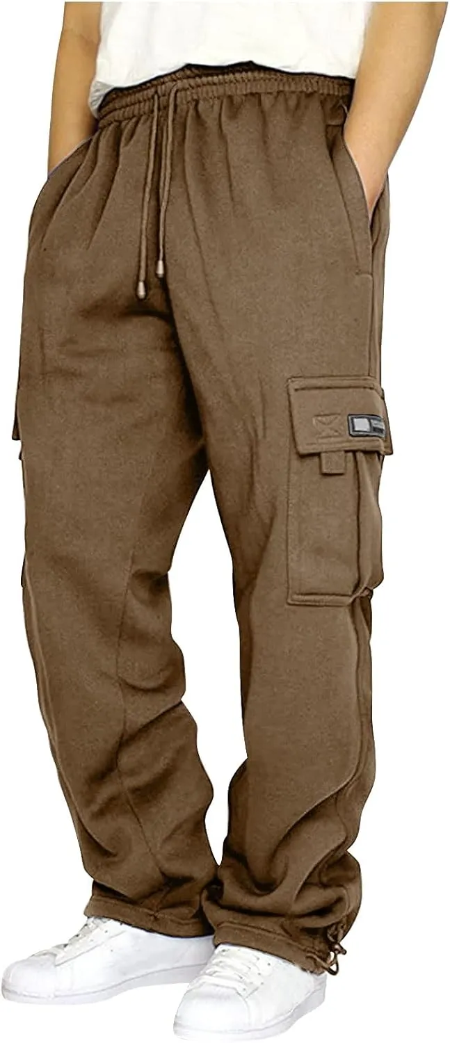 2024 Men's Heavyweight Fleece Cargo Sweatpants Stylish Stretch Elastic Waist Trousers Drawstring Loose Joggers Pants