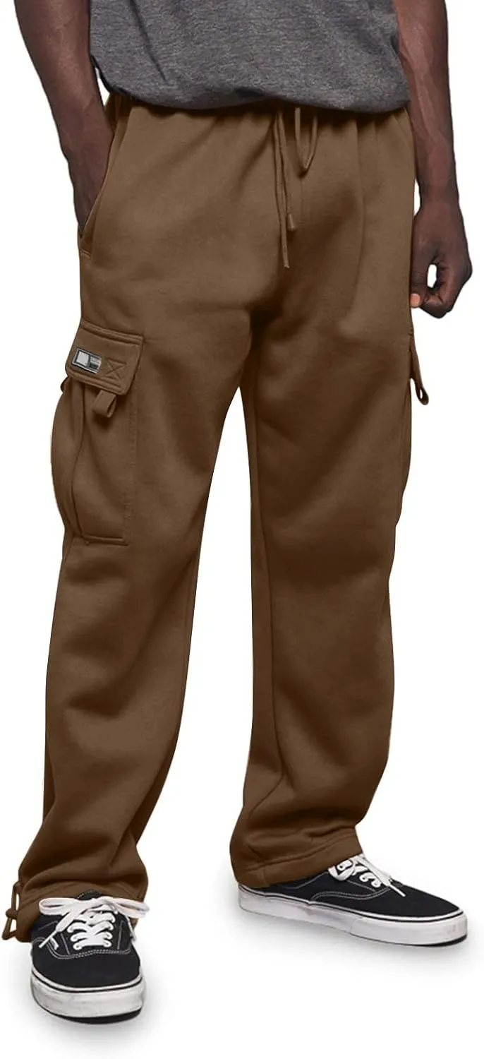2024 Men's Heavyweight Fleece Cargo Sweatpants Stylish Stretch Elastic Waist Trousers Drawstring Loose Joggers Pants