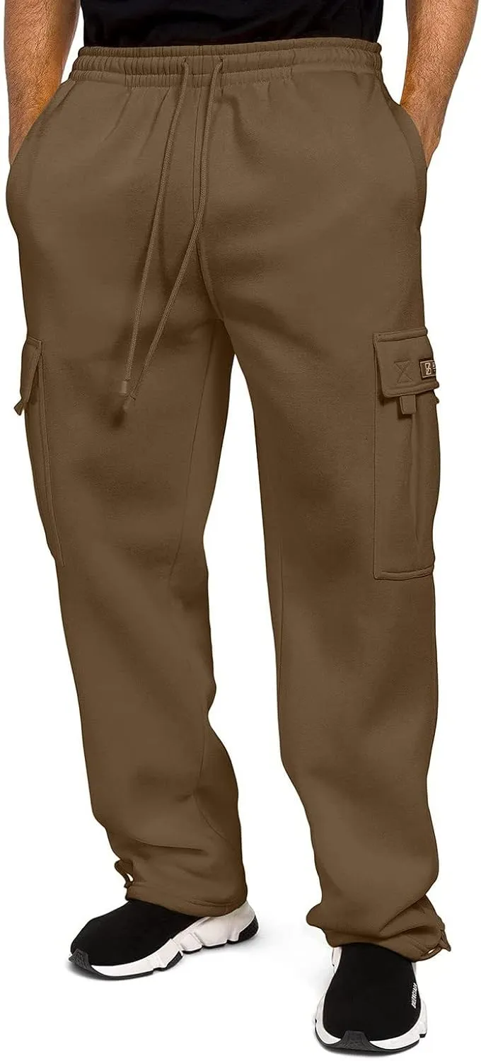 2024 Men's Heavyweight Fleece Cargo Sweatpants Stylish Stretch Elastic Waist Trousers Drawstring Loose Joggers Pants