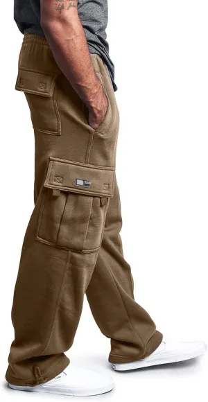 2024 Men's Heavyweight Fleece Cargo Sweatpants Stylish Stretch Elastic Waist Trousers Drawstring Loose Joggers Pants