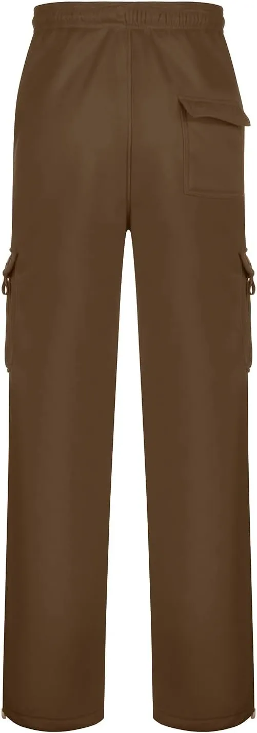 2024 Men's Heavyweight Fleece Cargo Sweatpants Stylish Stretch Elastic Waist Trousers Drawstring Loose Joggers Pants