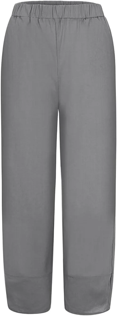 2024 Women's Capri Pants Summer Cotton Linen Yoga Pants Trendy Casual Wide Leg Beach Pant Elastic Waist Palazzo Trousers