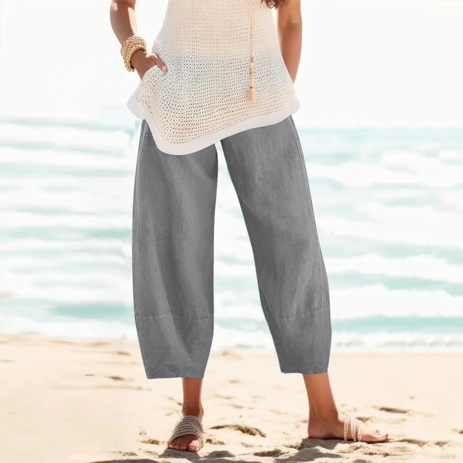 2024 Women's Capri Pants Summer Cotton Linen Yoga Pants Trendy Casual Wide Leg Beach Pant Elastic Waist Palazzo Trousers