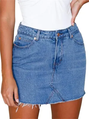 2025 Women's Fringed Denim Mini Skirt - Slim Fit Stretchable High-Waisted A-Line Skirt with Distressed Hem