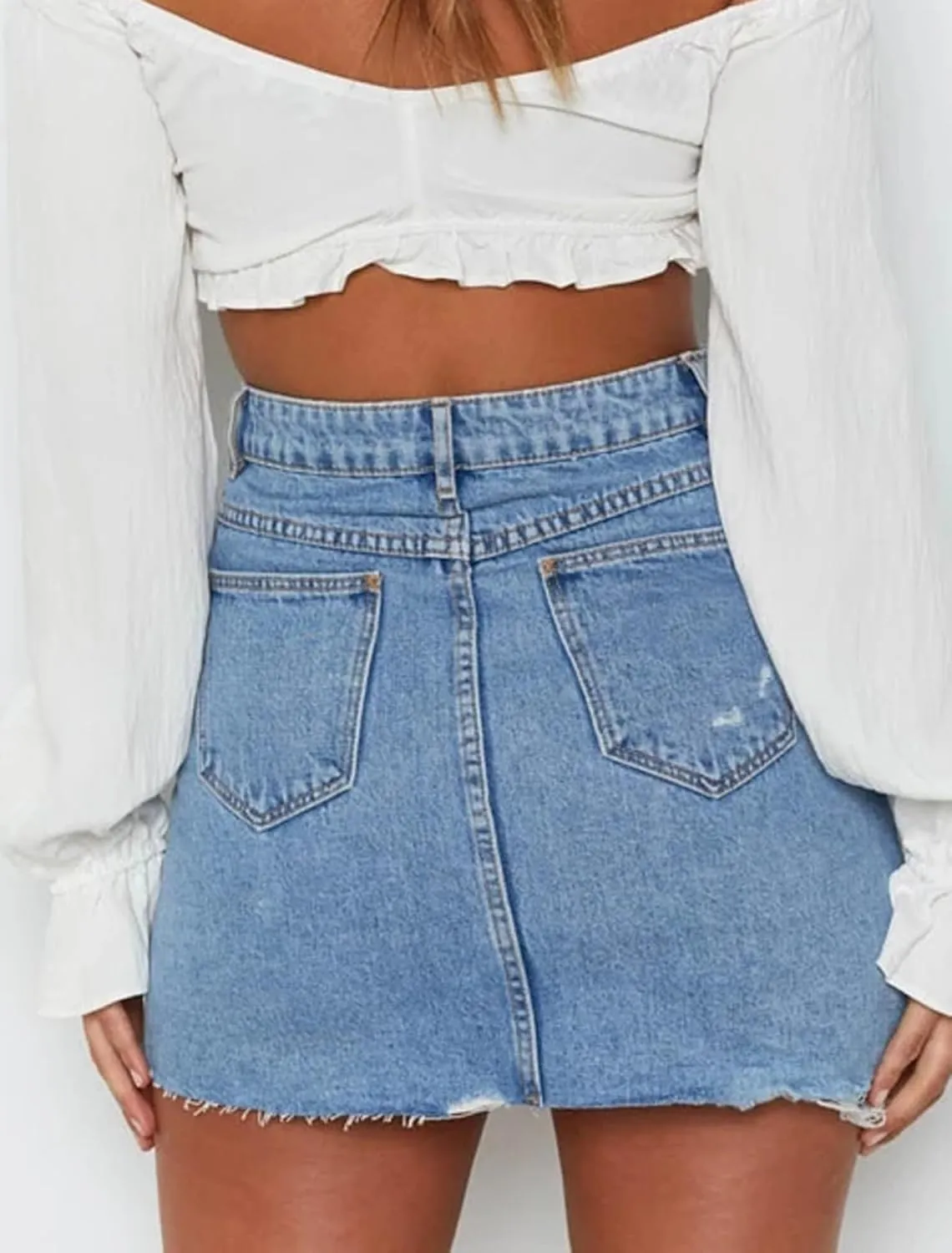 2025 Women's Fringed Denim Mini Skirt - Slim Fit Stretchable High-Waisted A-Line Skirt with Distressed Hem