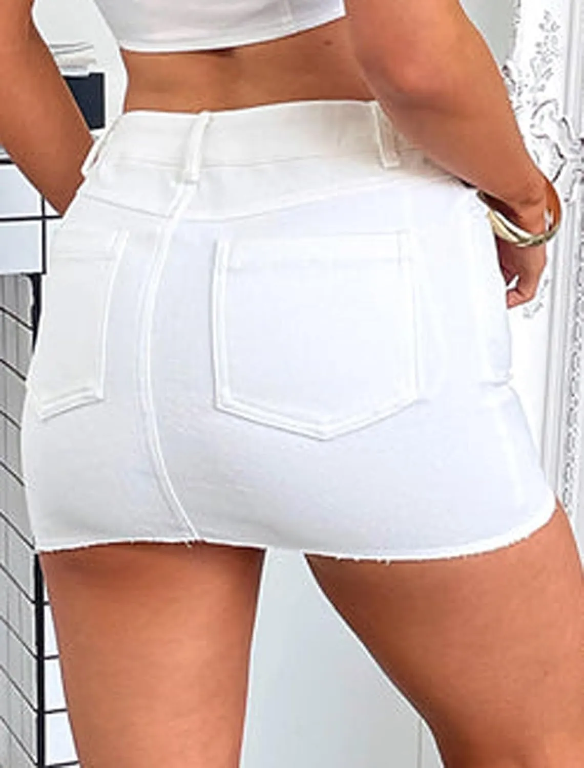 2025 Women's Fringed Denim Mini Skirt - Slim Fit Stretchable High-Waisted A-Line Skirt with Distressed Hem