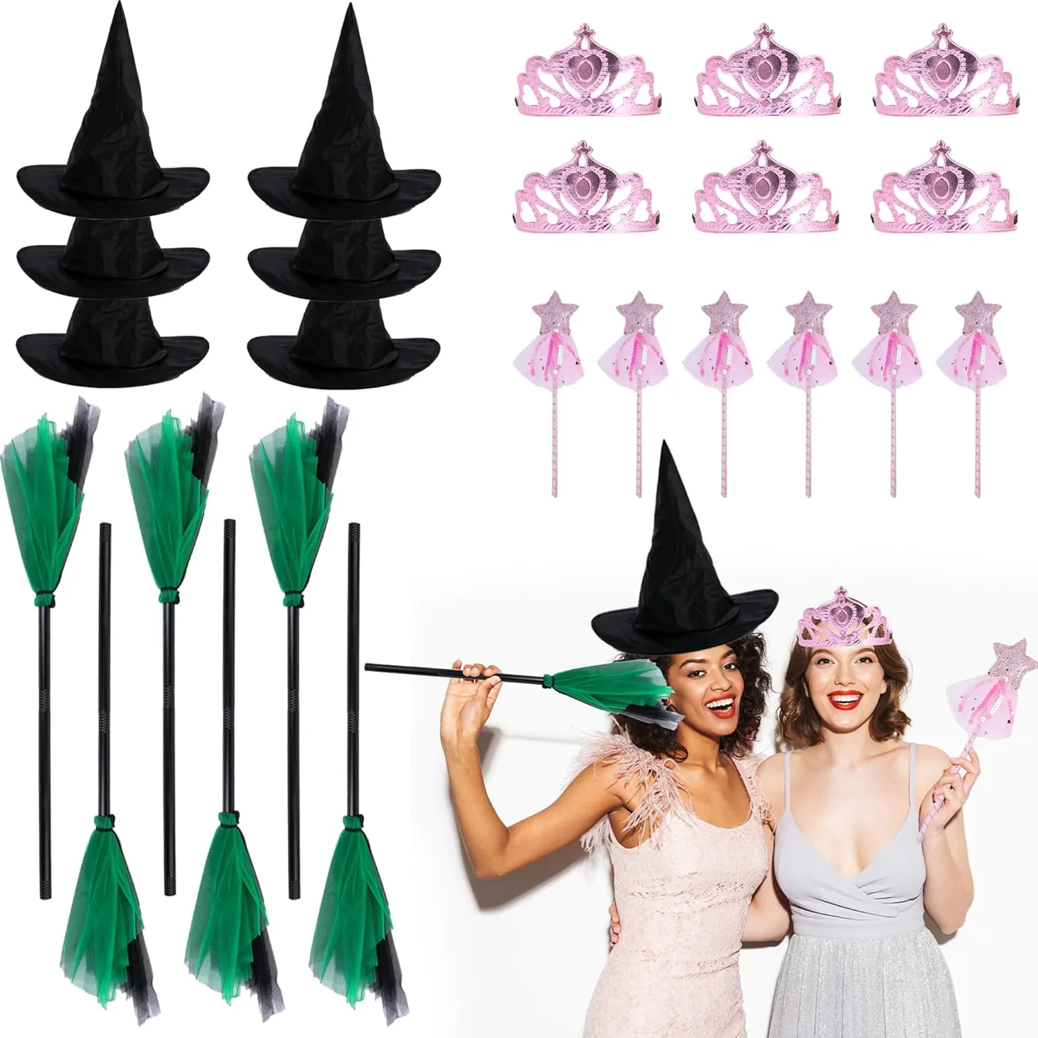 24 Pcs Witch Hat Crown Set, Wizard Hat Theme Supplies Pink Star Magic Wand Witch Broom Princess Party Favors Decorations Gift for Princess Cosplay
