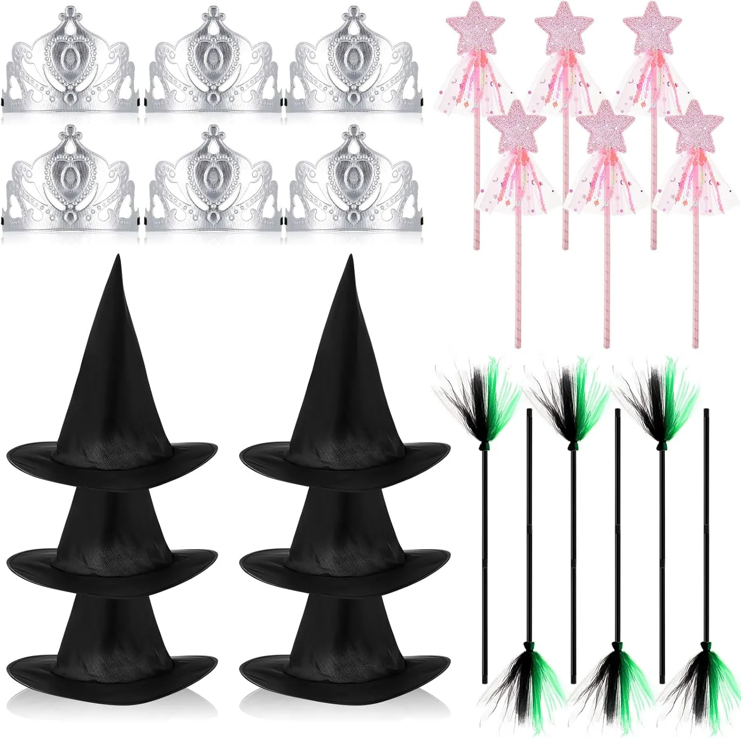24 Pcs Witch Hats and Brooms and Princess Queen Crowns and Glitter Star Wands Set Black Wizard Hats Decoration for Princess Witch Party Supplies Gifts Birthday Dress up Costume Cosplay