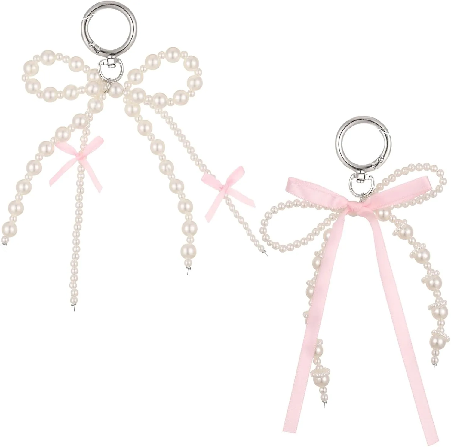2Pcs Bow Keychain, Cute Bowknot Pearl Beaded Keyring Charms Aesthetic Y2k Pearl Bowknot Keyring Decorative Accessories Bag Charms Purse Car Key Chain for Women
