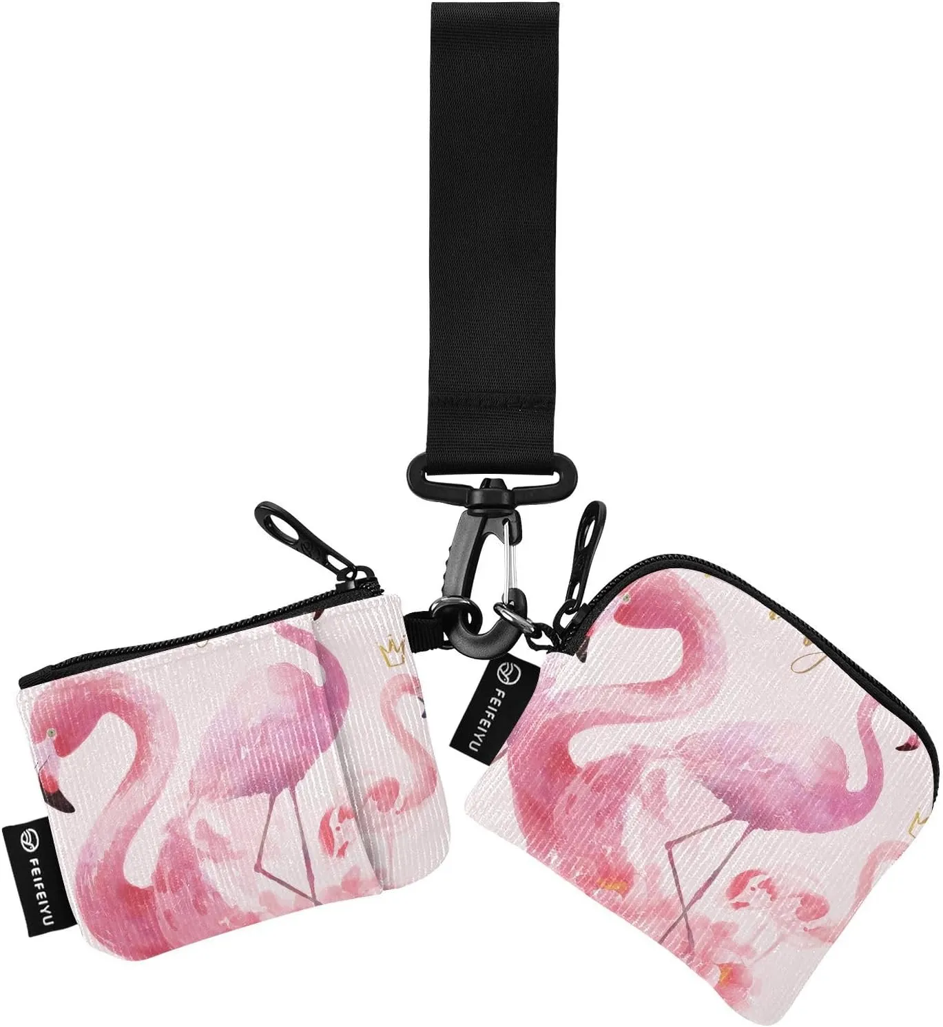 2PCS Coin Purse Wristlet Wallets Keychain Wallet Zip Around Portable Wallet with Detachable Dual Pouch Flamingo With Flowers