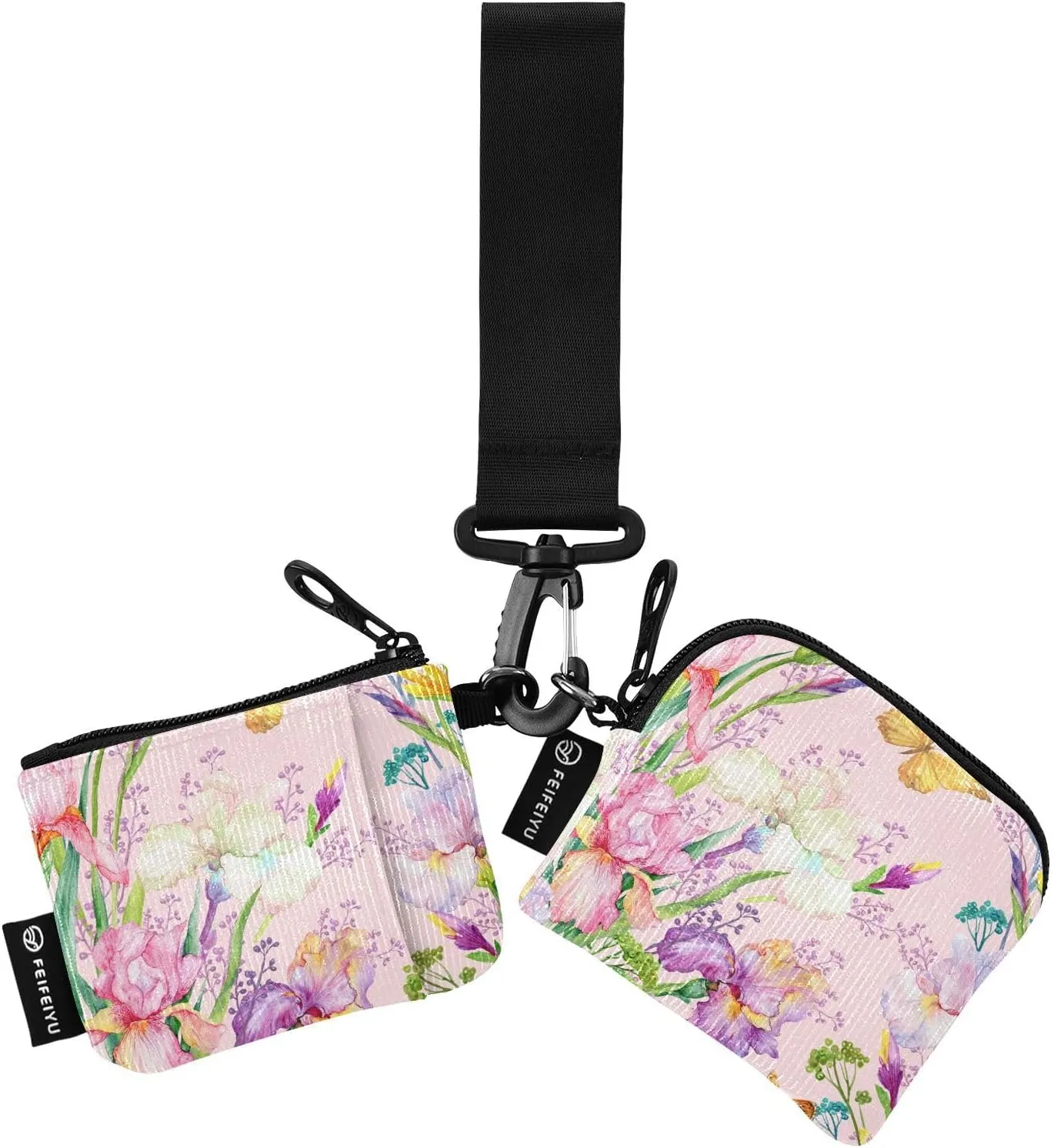 2PCS Coin Purse Wristlet Wallets Keychain Wallet Zip Around Portable Wallet with Detachable Dual Pouch Watercolor Flowers Butterfly
