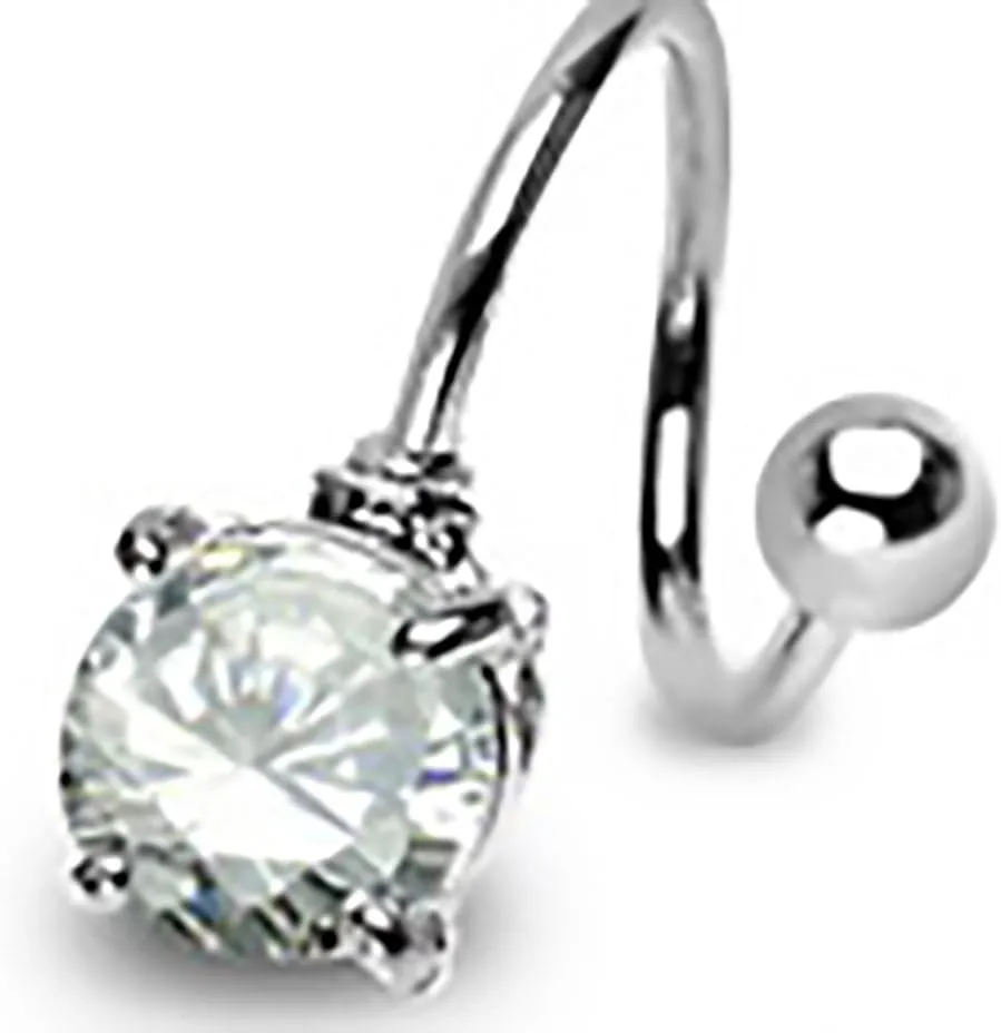 316L Surgical Steel Twist Spiral Prong Set Round 7mm CZ Solitaire 14 Gauge Belly Button Ring