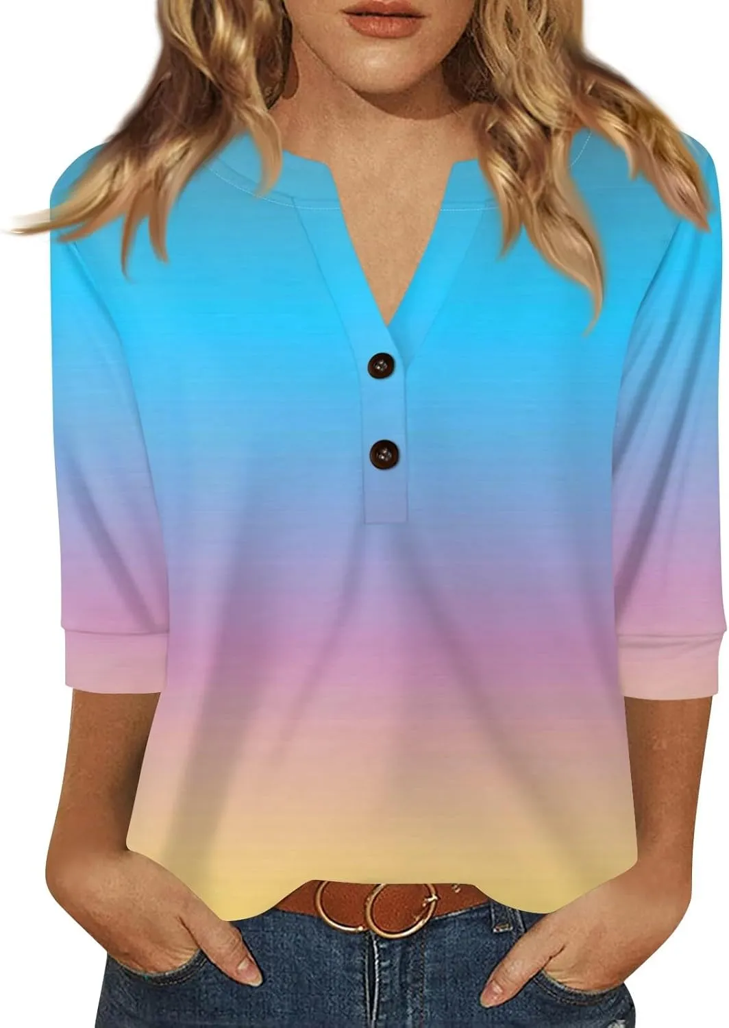3/4 Length Sleeve Womens Tops 2025 Summer Basic Tees Button Down V Neck Tunics T Shirts Floral Print Casual Blouses