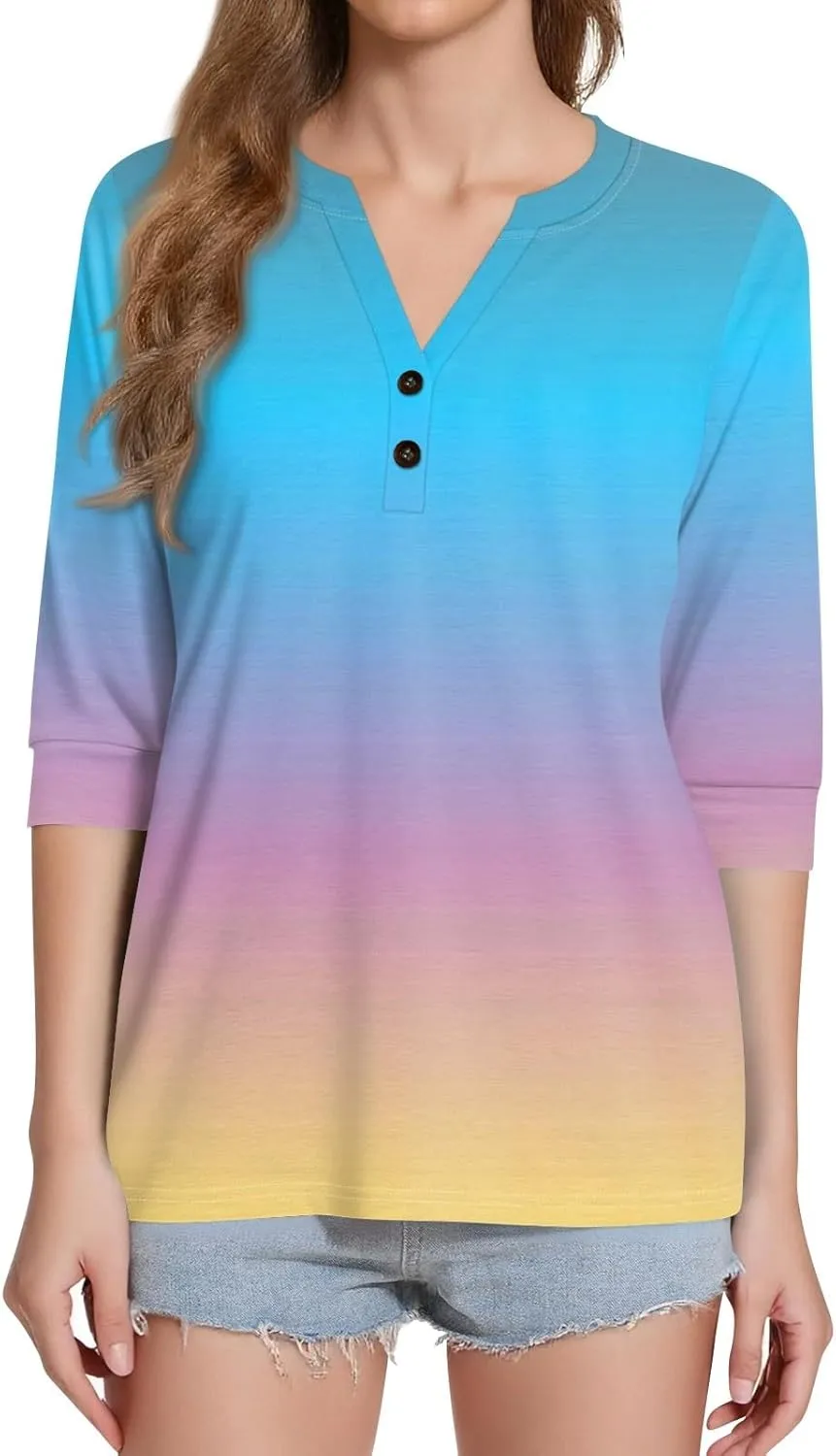 3/4 Length Sleeve Womens Tops 2025 Summer Basic Tees Button Down V Neck Tunics T Shirts Floral Print Casual Blouses