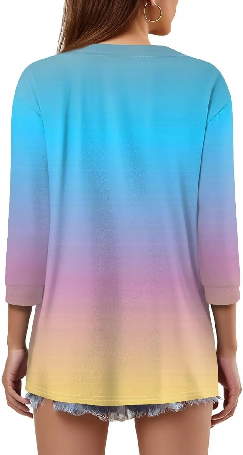 3/4 Length Sleeve Womens Tops 2025 Summer Basic Tees Button Down V Neck Tunics T Shirts Floral Print Casual Blouses