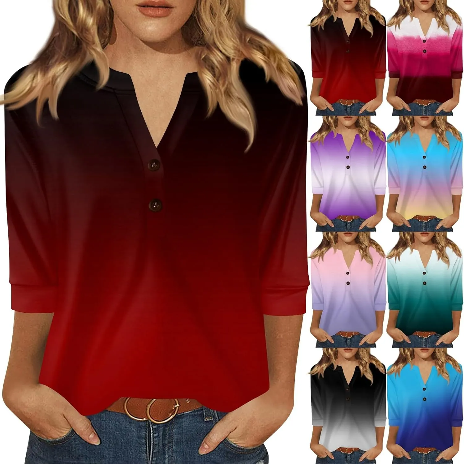 3/4 Length Sleeve Womens Tops 2025 Summer Basic Tees Button Down V Neck Tunics T Shirts Floral Print Casual Blouses