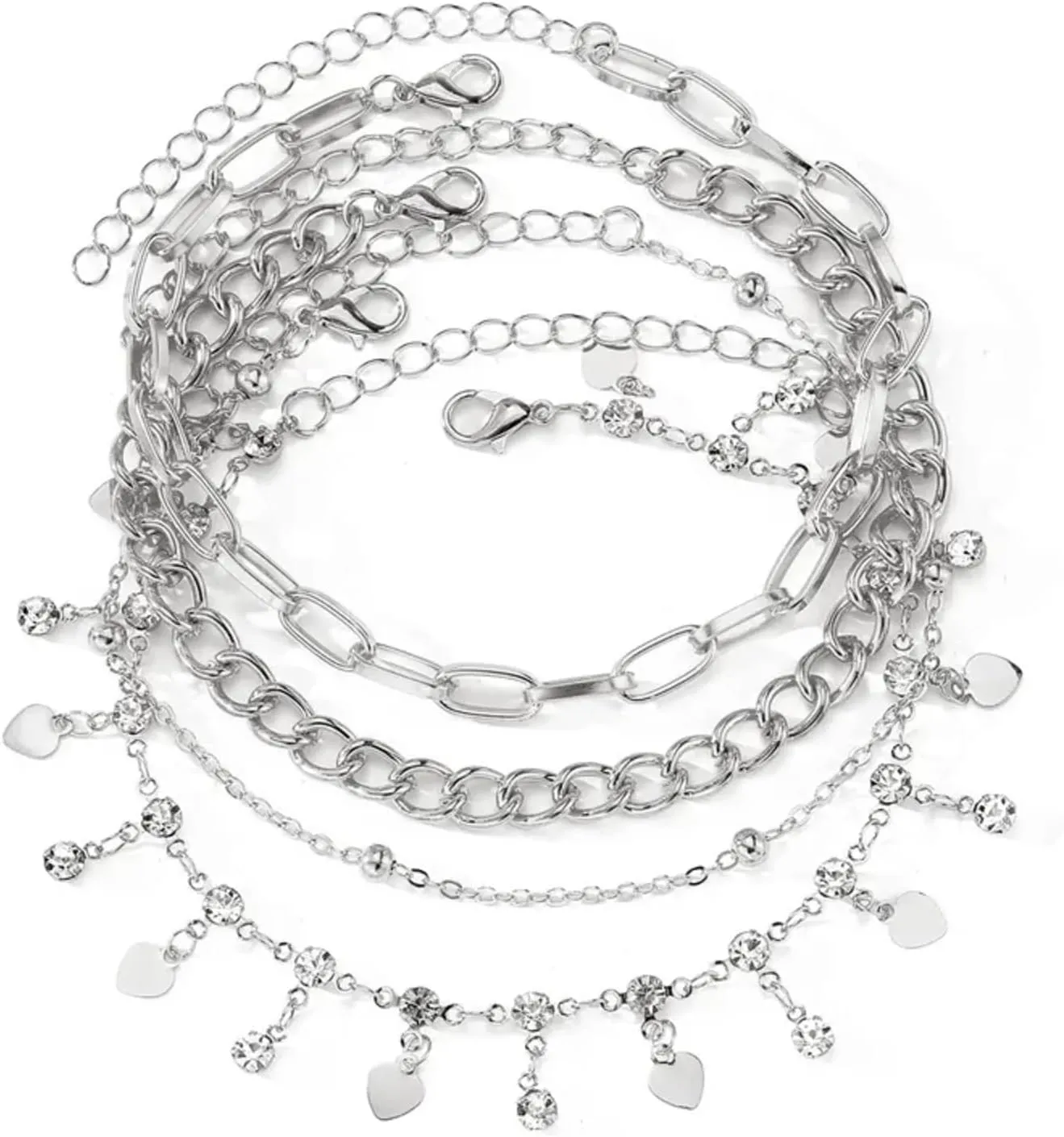 4-Piece Layered Anklet Set - Boho Beach Anklets for Women, Silver Anklets, Ankle Bracelets