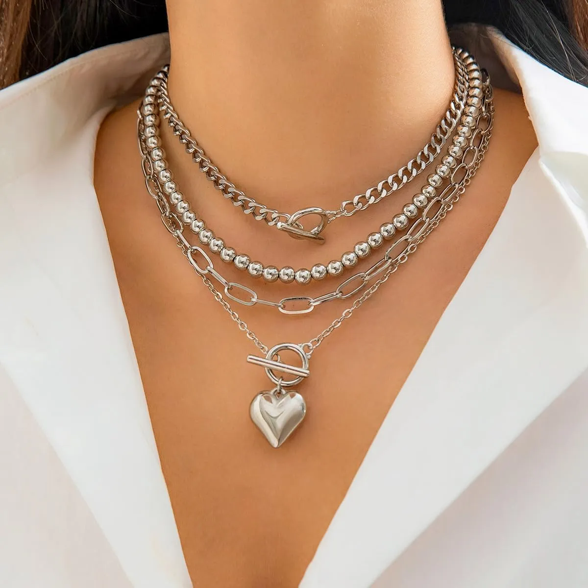 4 Strands Layered Toggle Necklace Set with Beaded Chains, Heart Pendant Fashion Necklace Set Jewelry