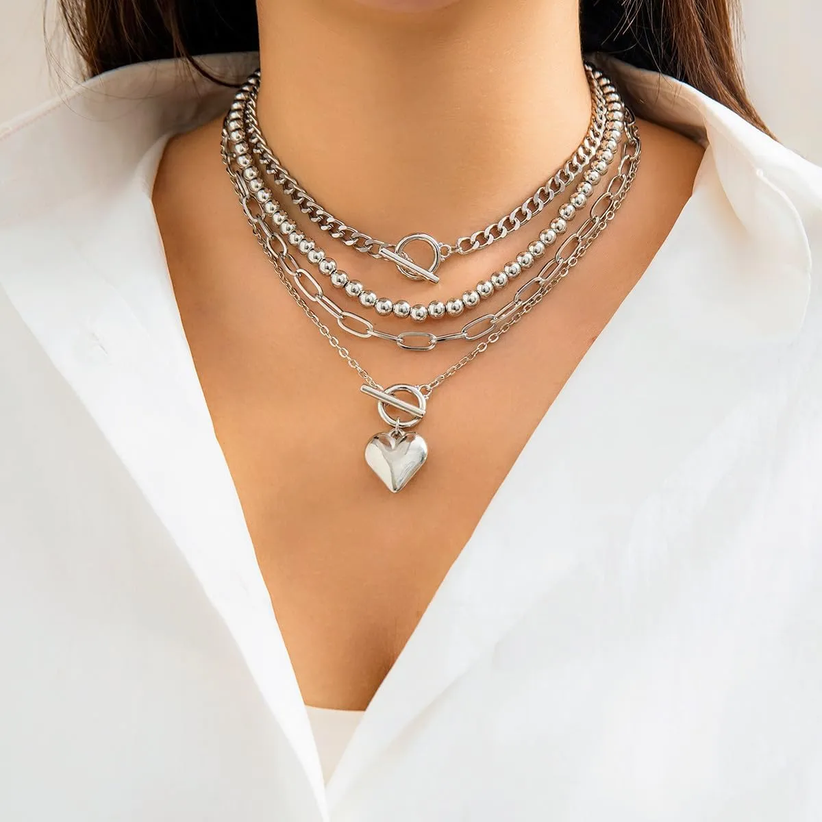 4 Strands Layered Toggle Necklace Set with Beaded Chains, Heart Pendant Fashion Necklace Set Jewelry