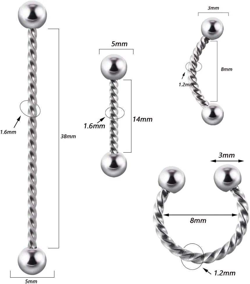 4PCS 361L Surgical Steel industrial Barbell Earrings Twist Horseshoe barbell Ring Nipple Shield Tongue Eyebrow Piercing Jewelry