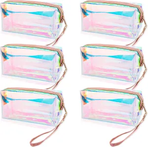 6 Pack Holographic Clear Makeup Bag Iridescent Waterproof Cosmetic Pouch with Wrist Loop Portable Toiletry Organizer TPU Travel Makeup Bags with Zipper for Girls