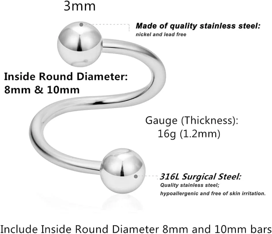 6pc 16g Surgical Steel Twist Bar Crystal Earring Spiral Eyebrow Ring Ear Stud Helix Cartilage Lip Piercing Set
