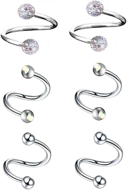 6pc 16g Surgical Steel Twist Bar Crystal Earring Spiral Eyebrow Ring Ear Stud Helix Cartilage Lip Piercing Set
