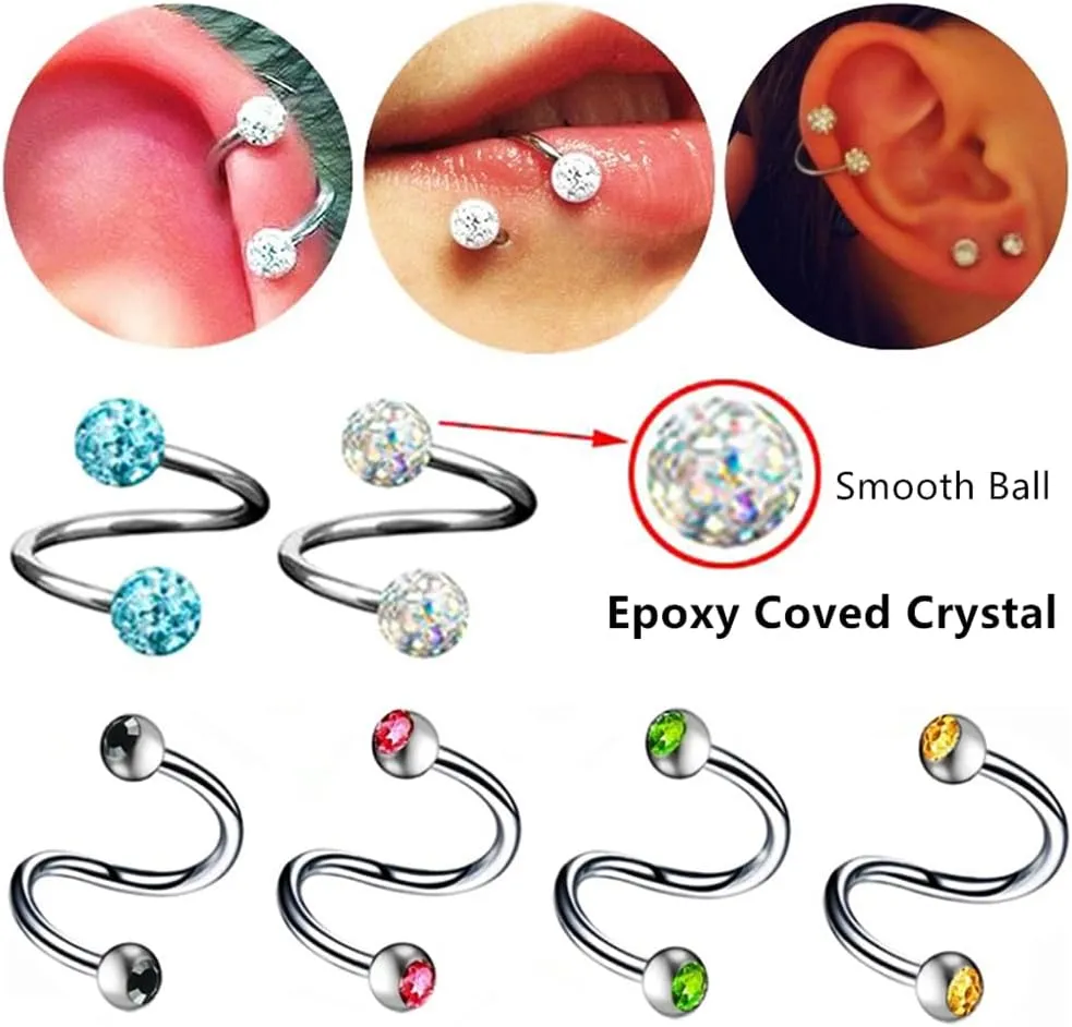 6pc 16g Surgical Steel Twist Bar Crystal Earring Spiral Eyebrow Ring Ear Stud Helix Cartilage Lip Piercing Set