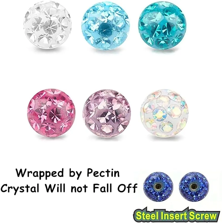 6pc 16g Surgical Steel Twist Bar Crystal Earring Spiral Eyebrow Ring Ear Stud Helix Cartilage Lip Piercing Set