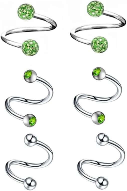 6pc 16g Surgical Steel Twist Bar Crystal Earring Spiral Eyebrow Ring Ear Stud Helix Cartilage Lip Piercing Set