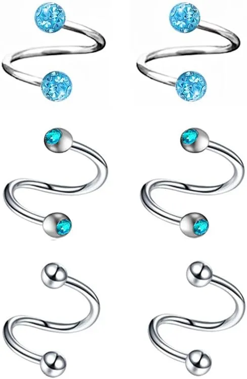 6pc 16g Surgical Steel Twist Bar Crystal Earring Spiral Eyebrow Ring Ear Stud Helix Cartilage Lip Piercing Set
