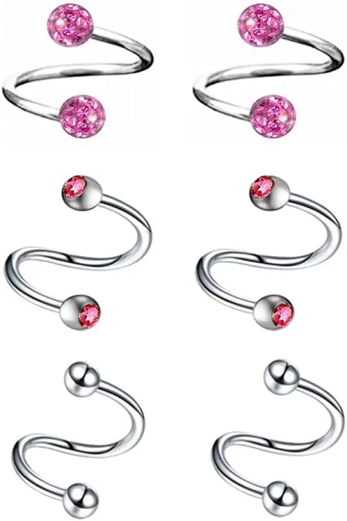 6pc 16g Surgical Steel Twist Bar Crystal Earring Spiral Eyebrow Ring Ear Stud Helix Cartilage Lip Piercing Set