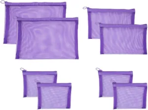 8-Piece Purple Mesh Makeup Bag Sets for Traveling, Overnight Trips, Weekender, Cosmetic Storage Holder, Pencil Organizer Pouch with Zipper, 2 Large, 2 Medium, and 4 Small Bags