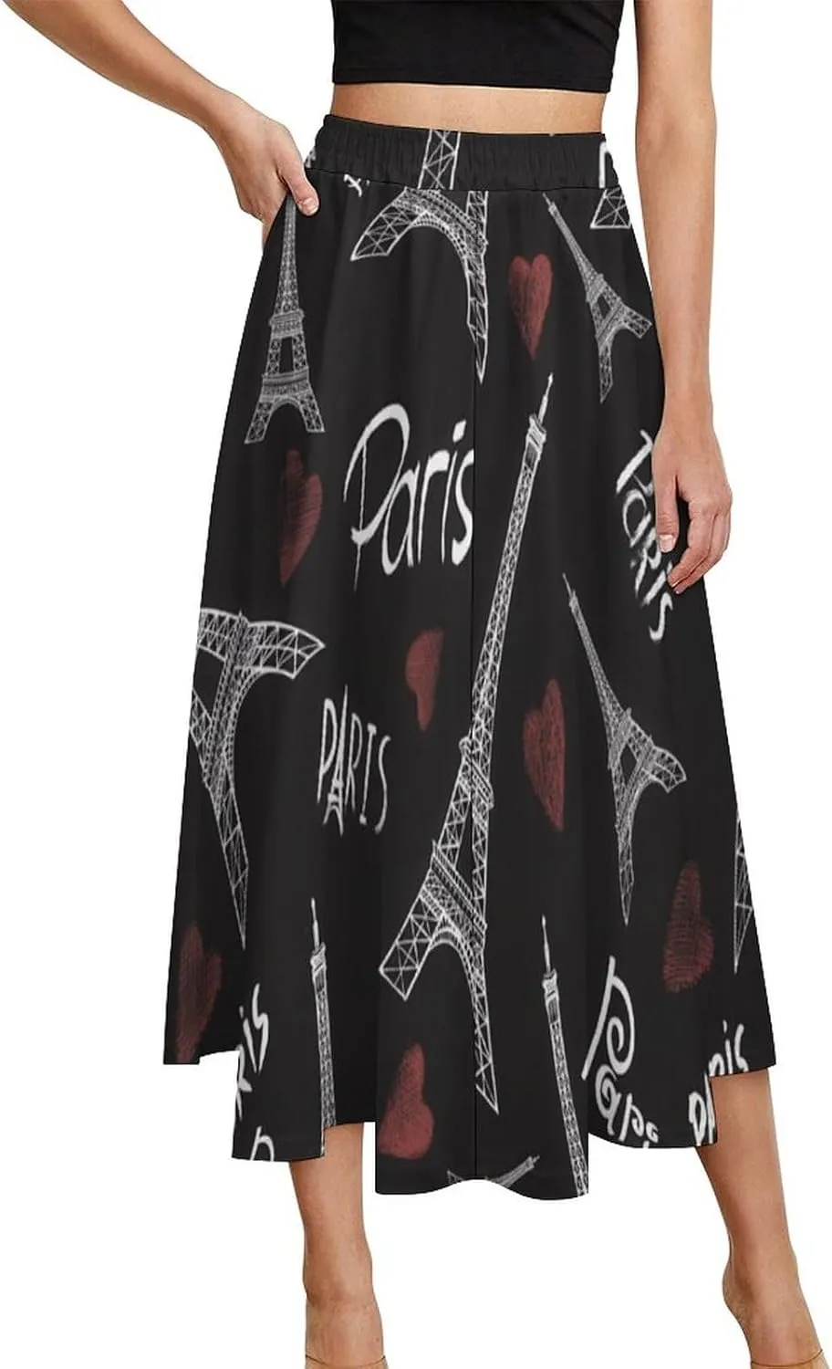 Adorable Paris Eiffel Tower Printed Midi Skirts High Elastic Waist Ruffle Boho Mini Club Skirts