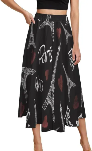 Adorable Paris Eiffel Tower Printed Midi Skirts High Elastic Waist Ruffle Boho Mini Club Skirts