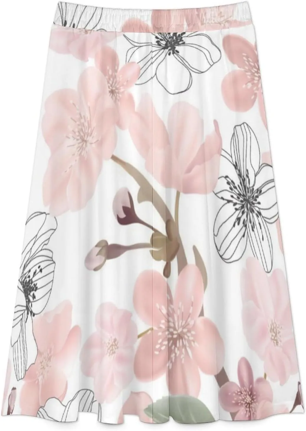 Adorable Peach Blossom Print Midi Skirts High Elastic Waist Ruffling Bohemia Summer Skirt