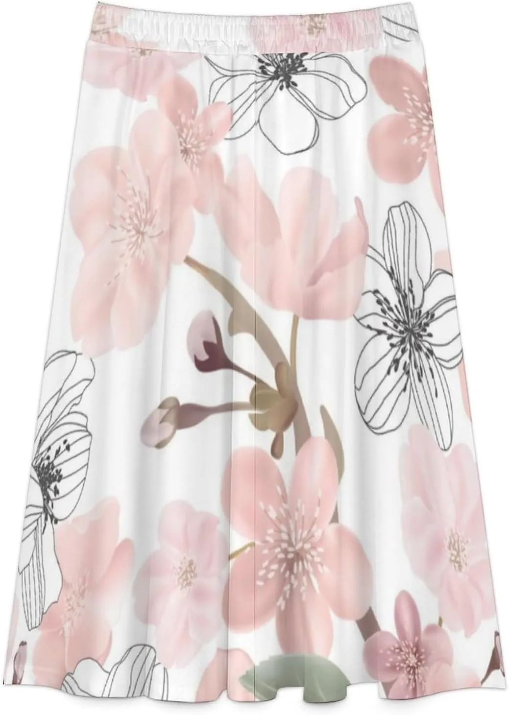 Adorable Peach Blossom Print Midi Skirts High Elastic Waist Ruffling Bohemia Summer Skirt