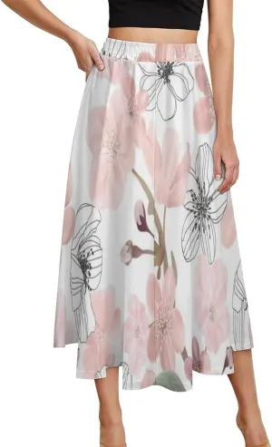 Adorable Peach Blossom Print Midi Skirts High Elastic Waist Ruffling Bohemia Summer Skirt