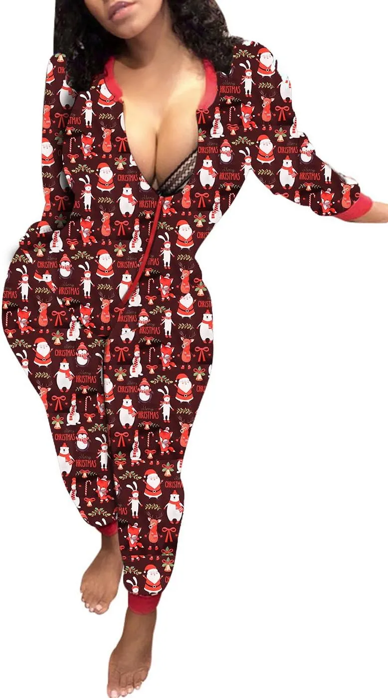 AI'MOURI Christmas Onesie Pajamas for Women,Sexy Ugly Printed One Piece Xmas Pajama Loungewear Jumpsuit Rompers Clubwear