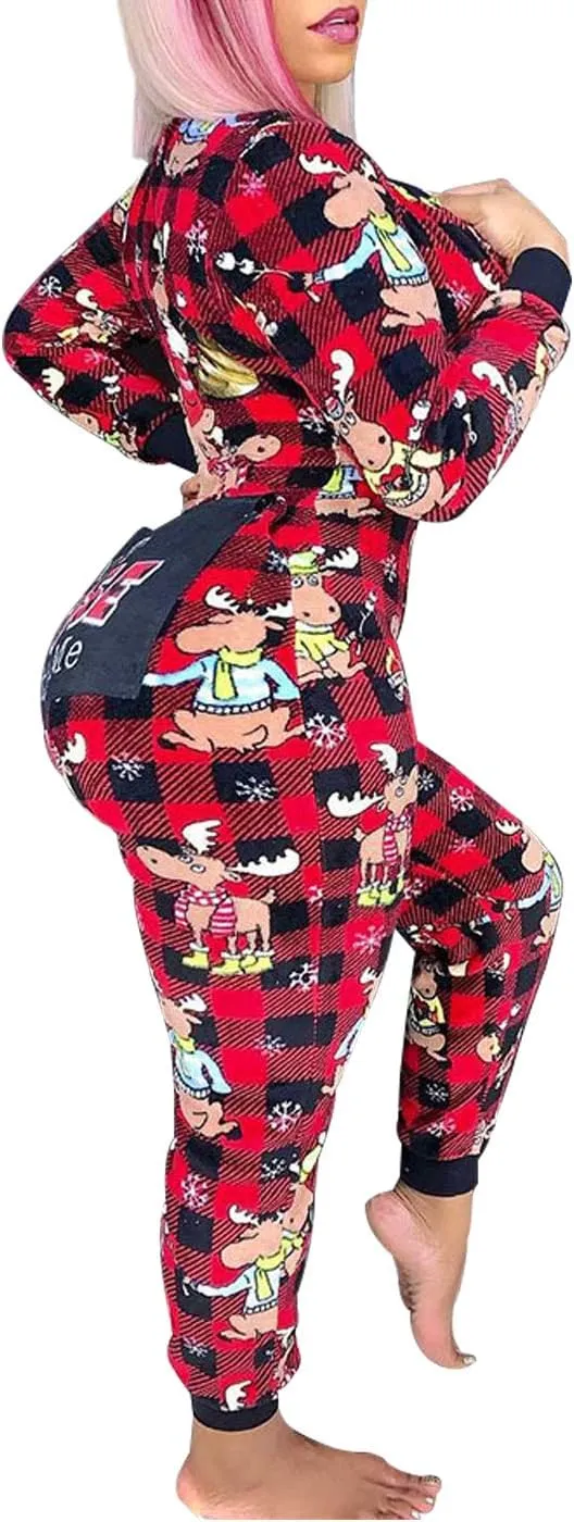 AI'MOURI Christmas Onesie Pajamas for Women,Sexy Ugly Printed One Piece Xmas Pajama Loungewear Jumpsuit Rompers Clubwear