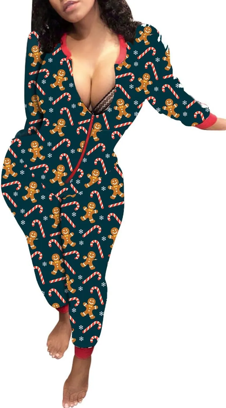 AI'MOURI Christmas Onesie Pajamas for Women,Sexy Ugly Printed One Piece Xmas Pajama Loungewear Jumpsuit Rompers Clubwear