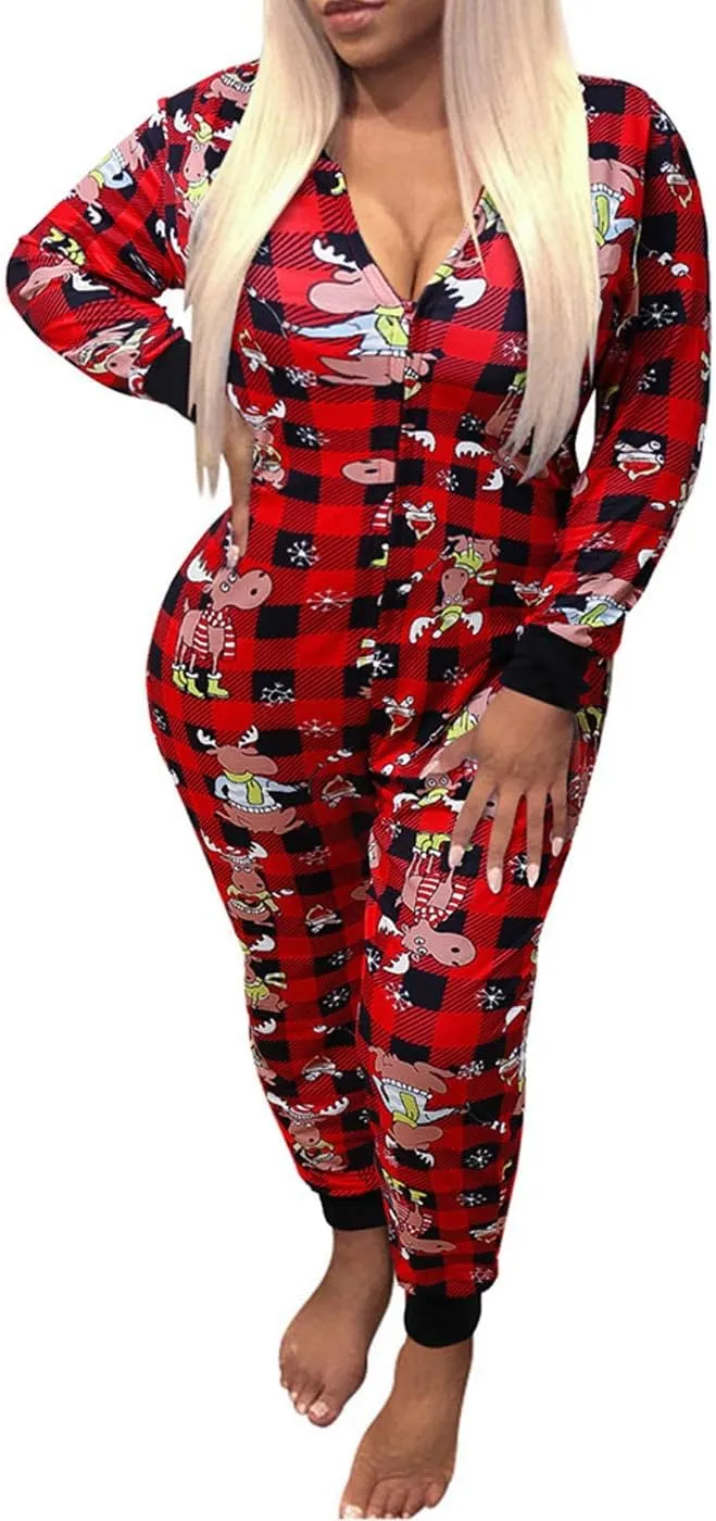 AI'MOURI Christmas Onesie Pajamas for Women,Sexy Ugly Printed One Piece Xmas Pajama Loungewear Jumpsuit Rompers Clubwear