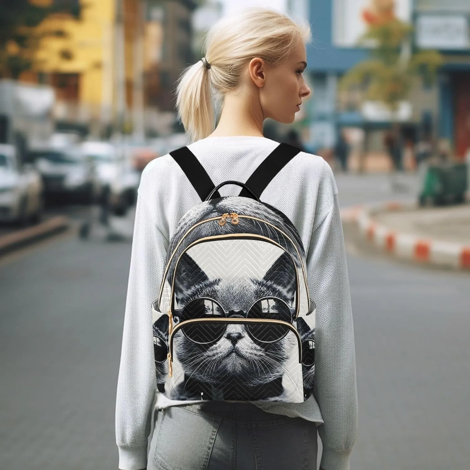 ALAZA Cat with Sunglasses Mini Backpack Purse for Women Travel Bag Lightweight Shoulder Bag Fashion Daypack