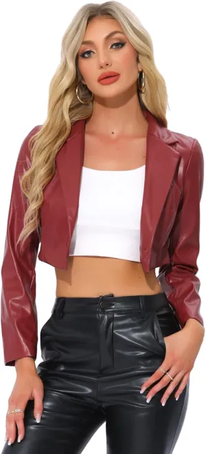 Allegra K Cropped Leather Jacket for Women's PU Casual Moto Jackets