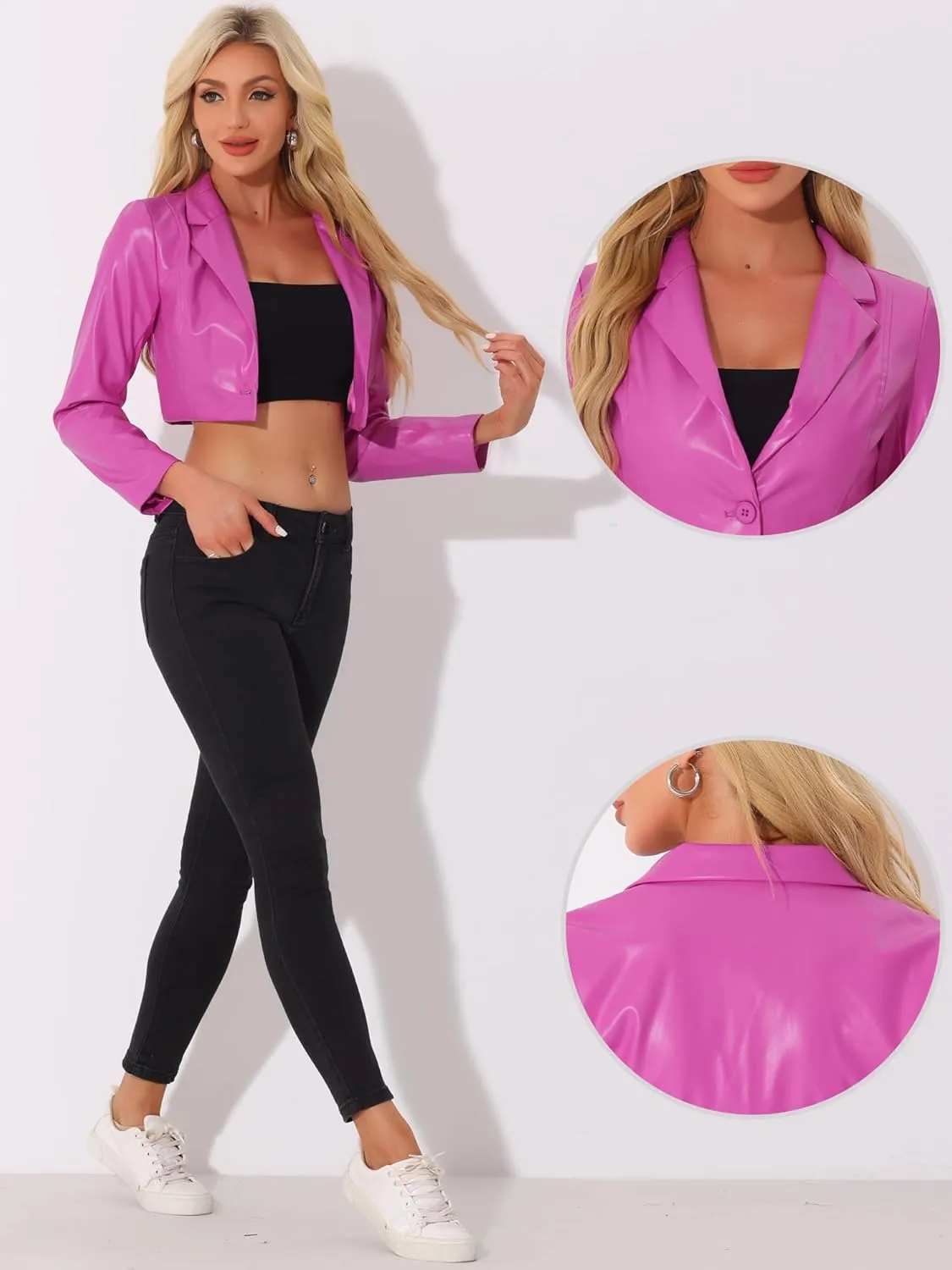 Allegra K Cropped Leather Jacket for Women's PU Casual Moto Jackets