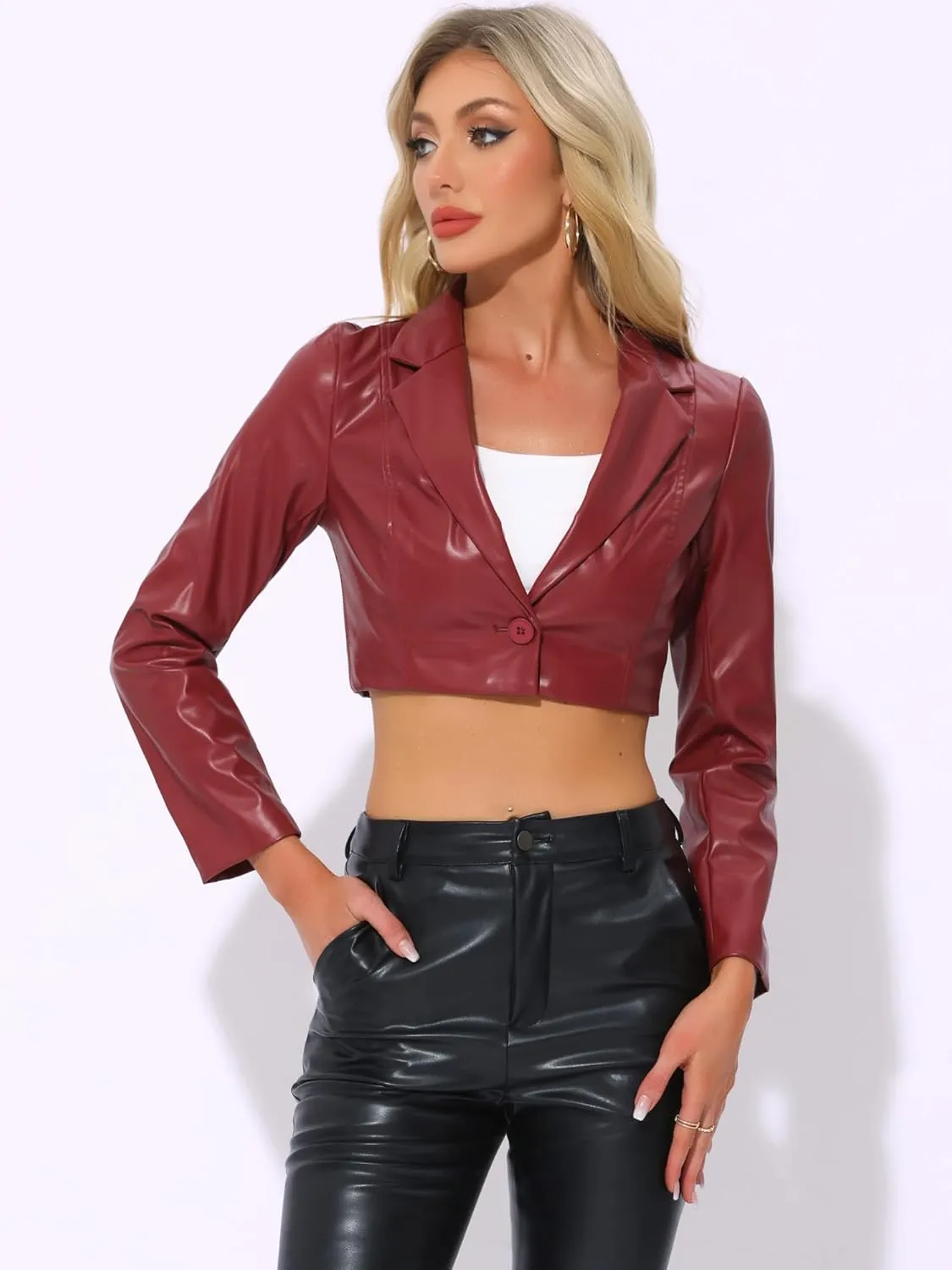 Allegra K Cropped Leather Jacket for Women's PU Casual Moto Jackets