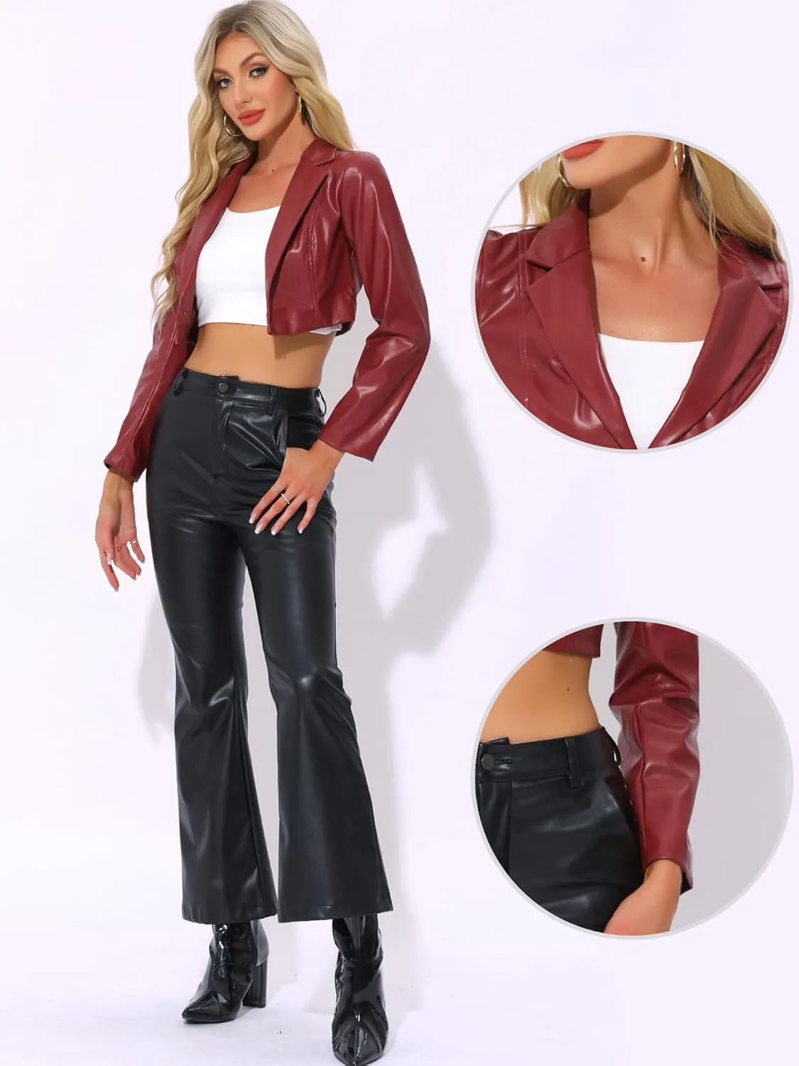 Allegra K Cropped Leather Jacket for Women's PU Casual Moto Jackets