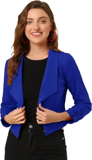 Allegra K Women's Notched Lapel Ruched Sleeve Jackets Business Cropped Blazer